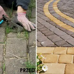 Przed: chwasty rosnące między kostkami brukowymi. Po: czysta, zadbana kostka brukowa.