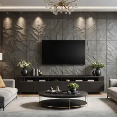 Nowoczesny salon z telewizorem na ścianie z paneli. Widać kanapy, stolik kawowy i lampy. Jak dociąć panele przy ścianie?