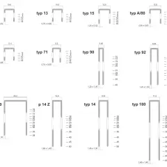 Różne rodzaje zszywek z wymiarami i oznaczeniami typów: typ 11, 13, 15, A/80, 53, 71, 90, 92, 140, p 14 Z, 14, 180.