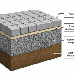 Przekrój pokazuje warstwy podbudowy pod kostkę brukową: kruszywo, podsypkę i kostkę.