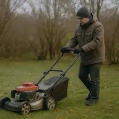 Mężczyzna w czapce i rękawiczkach wykonuje koszenie trawy w listopadzie. Jesienne liście leżą na trawniku.