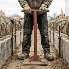 Robotnik w roboczych spodniach i rękawicach trzyma czerwony ubijak do ziemi, przygotowując fundamenty.