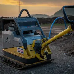 Żółta zagęszczarka Wacker Neuson na budowie. Zastanawiasz się, jakie paliwo do zagęszczarki? Ten model pracuje na benzynę.