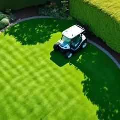 Piękny, zielony trawnik po wertykulacji, z widocznymi pasami i małym pojazdem golfowym.