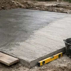 Świeżo wylany beton B25 na placu budowy. Poziomica i wiadro obok sugerują, że trwa praca nad fundamentami. Czas schnięcia betonu B25 zależy od warunków.