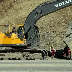 Żółta koparka Volvo EC220D z numerem GENEX 163 pracuje przy osuwisku. To jeden z wielu rodzajów koparek budowlanych.