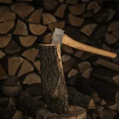 Różne rodzaje siekier w akcji. Siekiera wbita w pień, na tle stosu drewna.