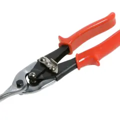Nożyce do blachy z czerwonymi rękojeściami, idealne do cięcia metalu.