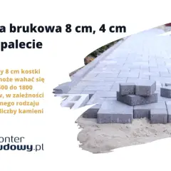 Waga palety kostki brukowej 8 cm to ok. 1500-1800 kg. Na zdjęciu kostka brukowa w trakcie układania, narzędzia budowlane.
