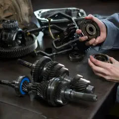 Mechanik analizuje części do naprawy maszyn budowlanych, skupiając się na precyzyjnych elementach przekładni.