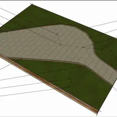 Projekt ścieżki z kostki brukowej, z zaznaczonym docinaniem krawężników pod kątem.