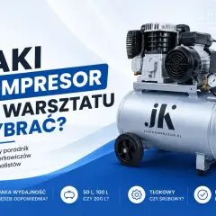 Poradnik "Jaki kompresor do warsztatu wybrać?" omawia rodzaje kompresorów: tłokowe i śrubowe, ich wydajność (50, 100, 200 L) i praktyczne porady.