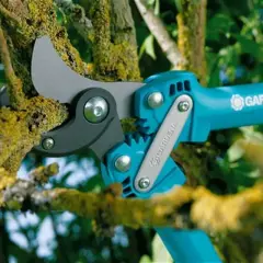 Sekator Gardena do grubych gałęzi, z ząbkowanym mechanizmem, gotowy do cięcia omszałych konarów.