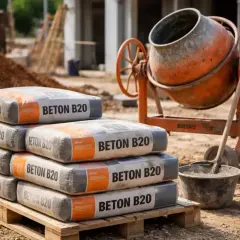 Stos worków z betonem B20 na budowie, obok betoniarki. Sprawdź aktualne ceny betonu z gruszki!