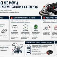 Budowa szlifierki kątowej: silniki, elektronika (softstart, stałe obroty, ochrona) i bezpieczeństwo (Anti-Kickback, osłona tarczy).