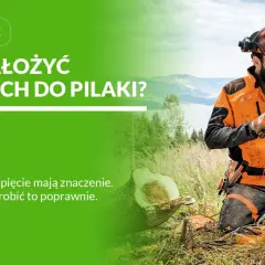 Drwal w pomarańczowej kurtce pokazuje, jak założyć łańcuch do piły. Kierunek i napięcie są kluczowe.