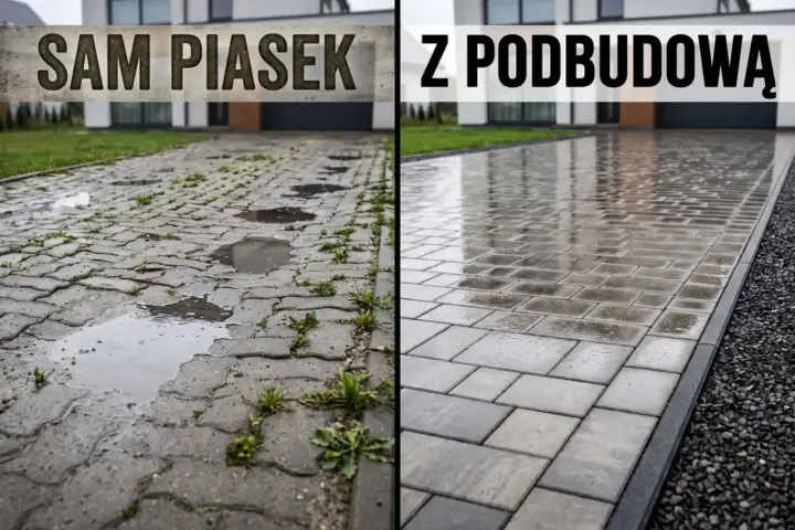 Przed i po: stara, zarośnięta kostka brukowa na piasku kontra nowa, równa nawierzchnia z podbudową. Naprawa kostki brukowej to klucz do estetyki.