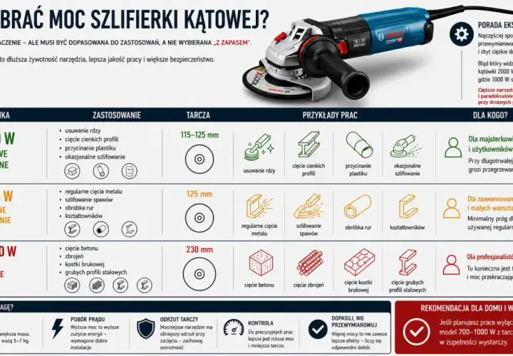 Tabela porównuje moc szlifierki kątowej, zastosowania i rozmiary tarcz. Od 115 mm do 230 mm, dobór tarczy zależy od mocy i rodzaju pracy.