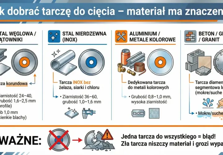Rodzaje tarcz do cięcia: korundowe do stali, INOX do nierdzewki, do metali kolorowych, diamentowe do betonu. Dobierz właściwą!