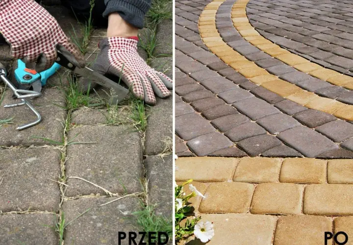 Przed: chwasty rosnące między kostkami brukowymi. Po: czysta, zadbana kostka brukowa.