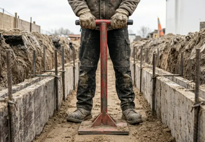 Robotnik w roboczych spodniach i rękawicach trzyma czerwony ubijak do ziemi, przygotowując fundamenty.