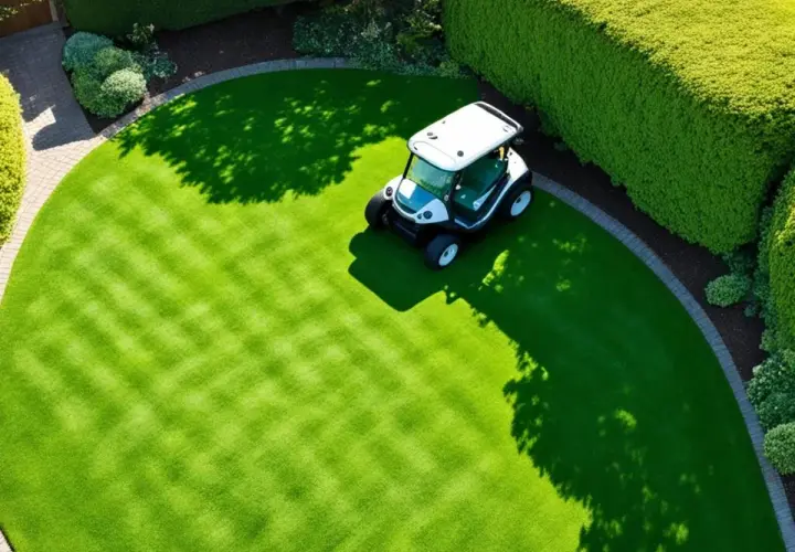Piękny, zielony trawnik po wertykulacji, z widocznymi pasami i małym pojazdem golfowym.