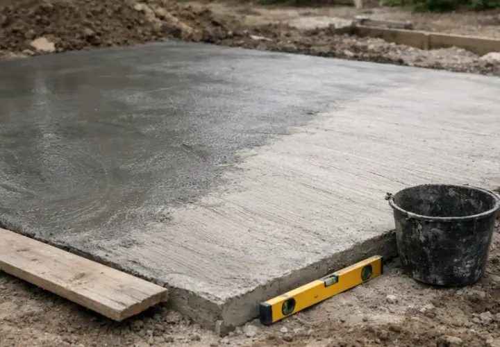Świeżo wylany beton B25 na placu budowy. Poziomica i wiadro obok sugerują, że trwa praca nad fundamentami. Czas schnięcia betonu B25 zależy od warunków.