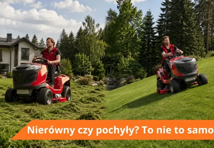 Dwóch mężczyzn na czerwonych traktorkach kosiarkach radzi sobie z nierównym terenem. Jeden kosi na płaskim, drugi na pochyłości.