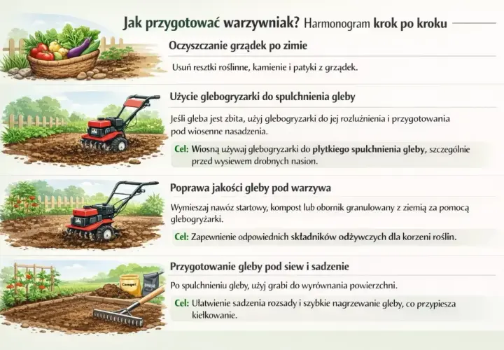 Glebogryzarka spulchnia i przygotowuje glebę pod uprawę warzyw, mieszając nawóz i ułatwiając siew.