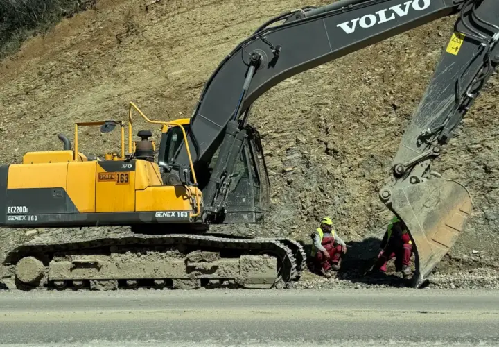 Żółta koparka Volvo EC220D z numerem GENEX 163 pracuje przy osuwisku. To jeden z wielu rodzajów koparek budowlanych.