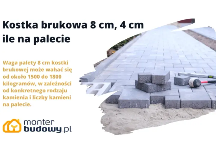 Waga palety kostki brukowej 8 cm to ok. 1500-1800 kg. Na zdjęciu kostka brukowa w trakcie układania, narzędzia budowlane.