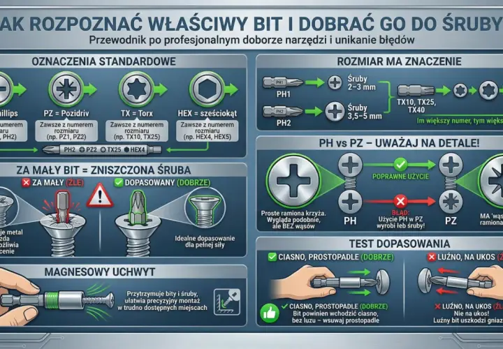 Przewodnik po rodzajach śrubokrętów: Phillips, Pozidriv, Torx, sześciokąt. Jak dobrać bit do śruby, by uniknąć błędów i uszkodzeń.