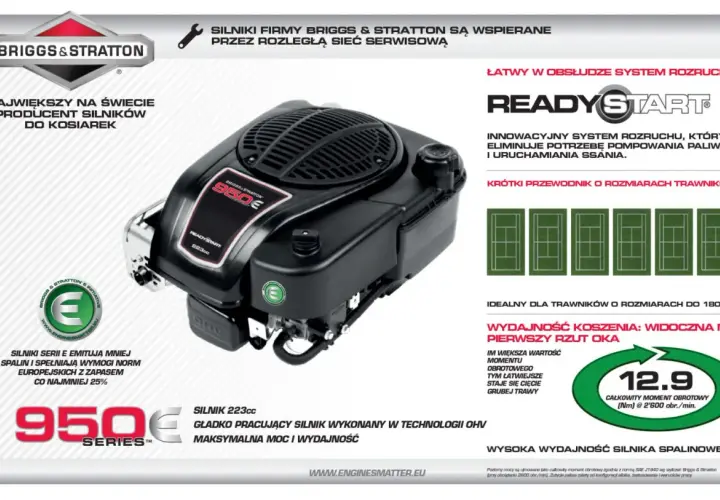 Silnik Briggs & Stratton 950E Series, 223cc, z technologią OHV i systemem ReadyStart. Idealny do kosiarek, zapewnia moc i wydajność.
