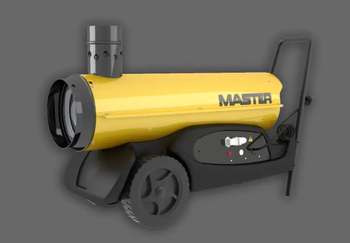 Żółty nagrzewnica Master BV 77 na kółkach, z uchwytem i wylotem spalin.