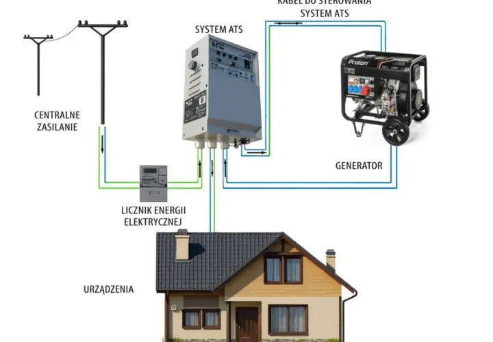 Schemat instalacji z agregatem prądotwórczym, systemem ATS i licznikiem energii. Przepisy PPOŻ. zapewniają bezpieczeństwo.