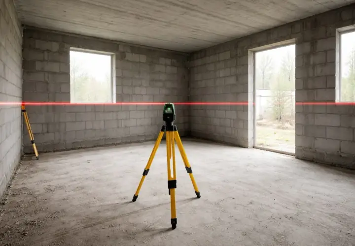 Laser krzyżowy na statywie wyznacza linię poziomu. To precyzyjne narzędzie, które ułatwia prace budowlane, jak układanie płytek czy montaż ścian. Łata geodezyjna jest kluczowa dla dokładności.