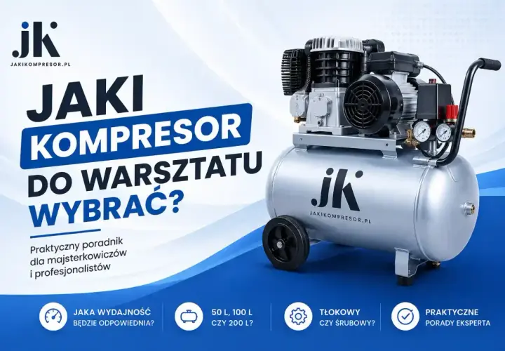 Poradnik "Jaki kompresor do warsztatu wybrać?" omawia rodzaje kompresorów: tłokowe i śrubowe, ich wydajność (50, 100, 200 L) i praktyczne porady.