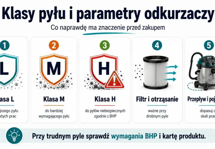 Porównanie klas pyłu: L, M, H. Wybierz odkurzacz klasy M lub L do swoich potrzeb.