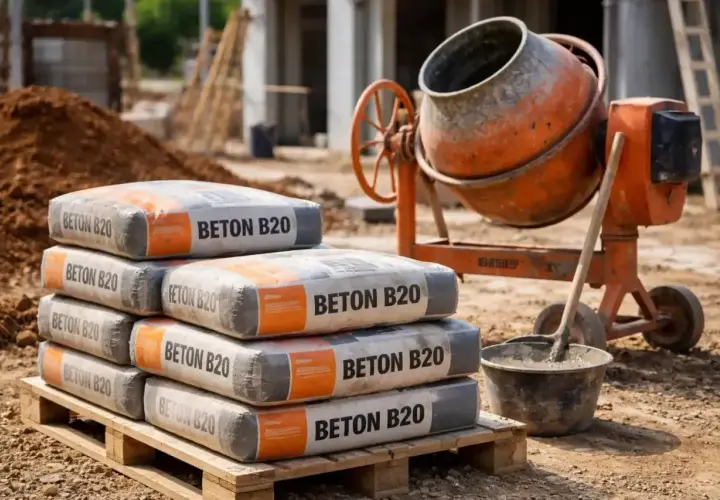 Stos worków z betonem B20 na budowie, obok betoniarki. Sprawdź aktualne ceny betonu z gruszki!