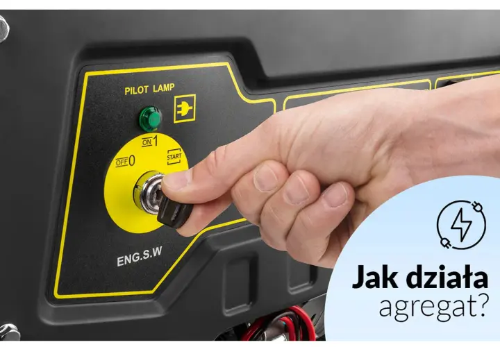 Dłoń przekręca kluczyk w agregacie prądotwórczym, pokazując, jak działa. Zielona lampka "Pilot Lamp" świeci.