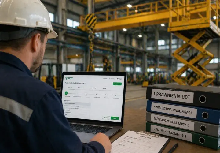 Pracownik w hali przemysłowej wypełnia wniosek online o przedłużenie uprawnień UDT. Obok stos dokumentów: "Uprawnienia UDT", "Świadectwa kwalifikacji".