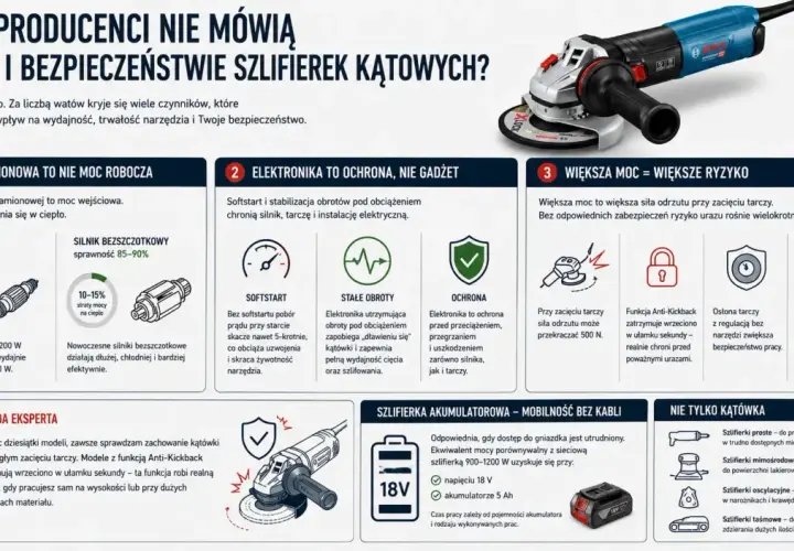 Budowa szlifierki kątowej: silniki, elektronika (softstart, stałe obroty, ochrona) i bezpieczeństwo (Anti-Kickback, osłona tarczy).