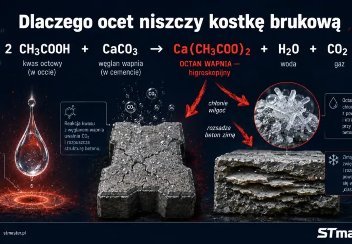Czyszczenie kostki brukowej octem: kwas octowy reaguje z węglanem wapnia, uwalniając CO2 i rozpuszczając beton. Octan wapnia chłonie wilgoć, powodując zimą rozsadzanie.
