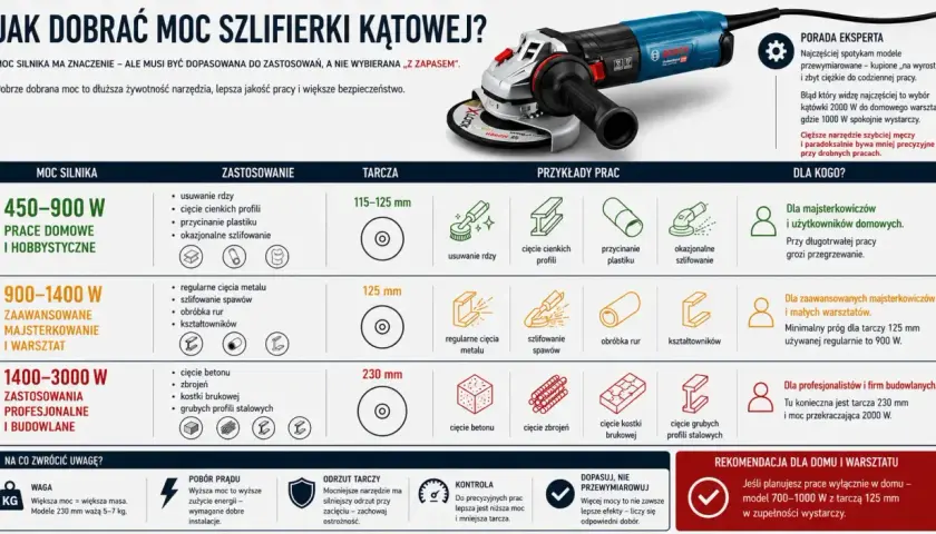 Tabela porównuje moc szlifierki kątowej, zastosowania i rozmiary tarcz. Od 115 mm do 230 mm, dobór tarczy zależy od mocy i rodzaju pracy.