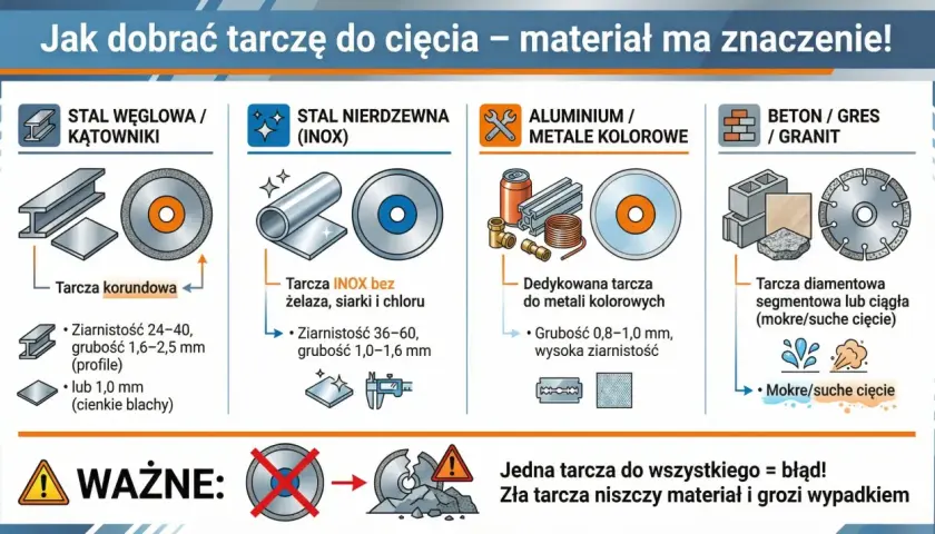 Rodzaje tarcz do cięcia: korundowe do stali, INOX do nierdzewki, do metali kolorowych, diamentowe do betonu. Dobierz właściwą!