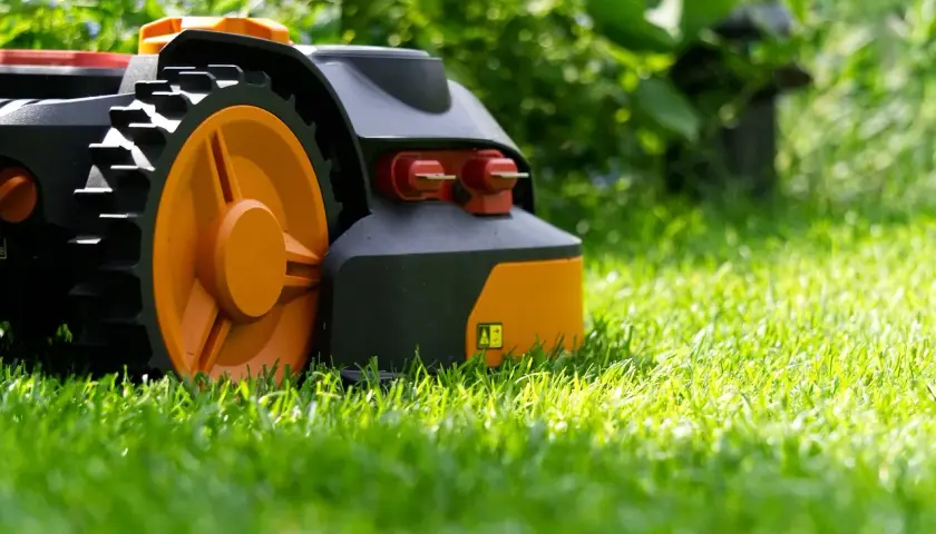 Robot koszący z pomarańczowymi kołami porusza się po soczystej trawie, pokazując, jak działa robot koszący.