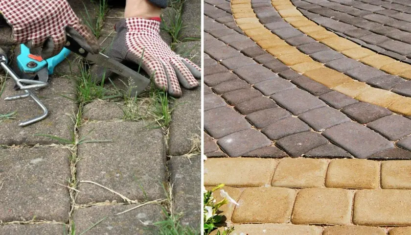 Przed: chwasty rosnące między kostkami brukowymi. Po: czysta, zadbana kostka brukowa.