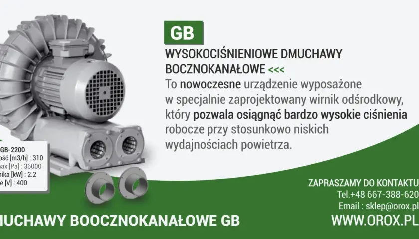 Nowoczesne dmuchawy przemysłowe GB-2200 zapewniają wysokie ciśnienie robocze.