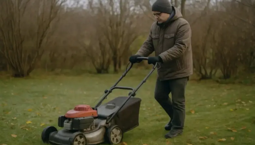 Mężczyzna w czapce i rękawiczkach wykonuje koszenie trawy w listopadzie. Jesienne liście leżą na trawniku.