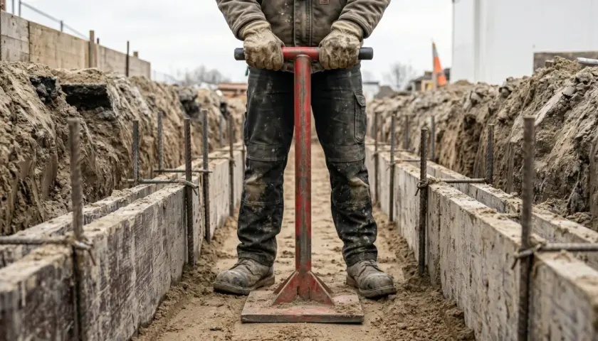 Robotnik w roboczych spodniach i rękawicach trzyma czerwony ubijak do ziemi, przygotowując fundamenty.
